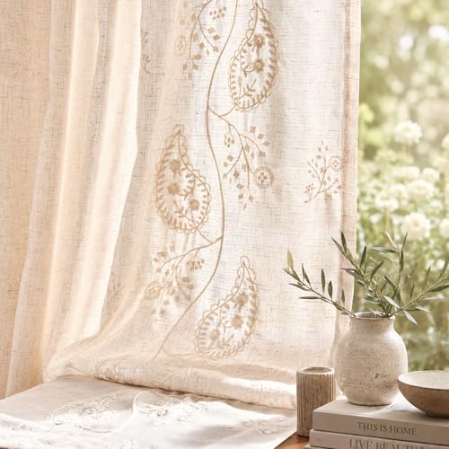 jinchan Linen Curtains 96 Inch Ivory Floral Drapes Back Tab 2 Panels Set - color: Ivory on Beige, size: 50"W x 96"L (Pack of 2)