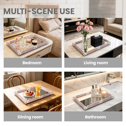 Crystal Perfume Tray, 11.8" x 7.9" Mirror Glass Vanity Tray - color: Pink
