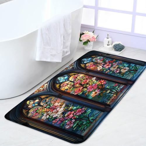 Stained Glass Bath Mat Abstract Arched Window Antique Fantasy Boho Plant Floral Elegant Ornate Symmetric Vintage Artistic Bathroom Rugs Indoor Carpet Bathtub Rug 24 x 48 Inch - size: 2' x 4' (Rectangular)