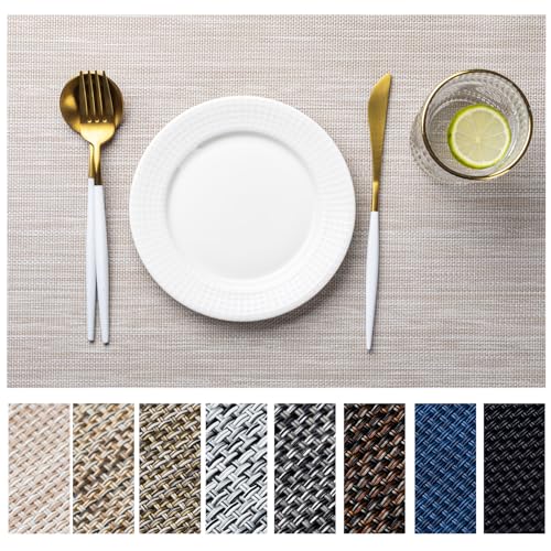 LEXMORE Placemats Set of 6 Vinyl/Plastic Woven Place Mats for Kitchen Table Indoor/Outdoor Washable Placemat Wipeable Dining Table Mats(Beige) - color: A-beige White