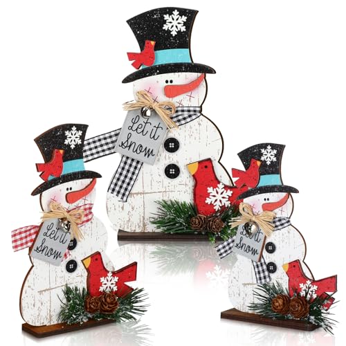 Cinnvoice 3 Pcs Christmas Snowman Decorations, Wooden Snowman Table Decor