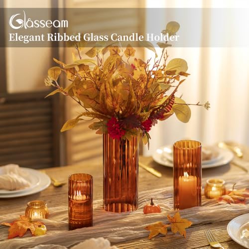 Glasseam Hurricane Glass Candle Holders, 6 Pcs Amber Ribbed Flower Vase Set - color: Amber