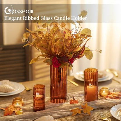 Glasseam Hurricane Glass Candle Holders, 6 Pcs Amber Ribbed Flower Vase Set - color: Amber