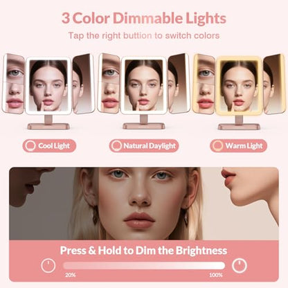EASEHOLD Trifold Lighted Makeup Vanity Mirror with Lights and Magnification - color: Rose Gold - Rechargeable-5000 Mah-3 Sides Light