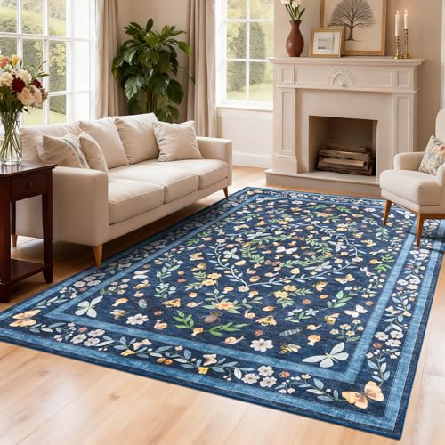 GarveeHome Washable Bug Rugs 5x7 for Bedroom Non Slip Living Room Rugs - color: Blue, size: 5'x7'(Rectangular)