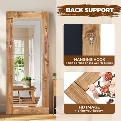58x24in Full Length Mirror, Solid Wood Convex Frame, Light Brown - color: Light Brown-convex Frame, size: 58"L x 24"W