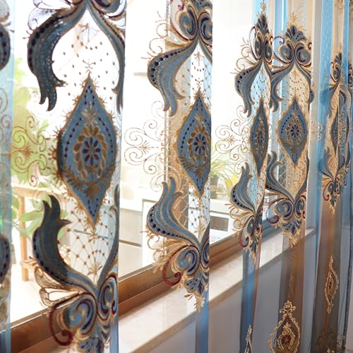SLOW SOUL Set of 2 Panels Exquisite European Blue Sheer Curtains Golden Floral Embroidered Velvet Sheer Curtain for Living Room Bedroom Dining Room Rod Pocket Blue Tulle 48W X 102L inch Length - color: Blue Tulle, size: 48"W x 102"L (Pack of 2)