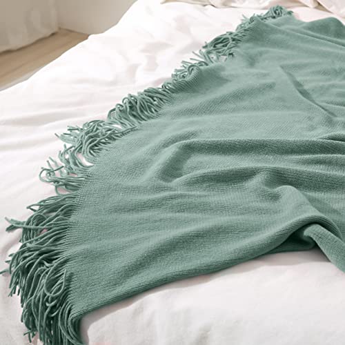 Homiest Sage Green Knitted Throw Blanket with Fringe, 50x60 Inch - color: Sage Green, size: 50" x 60"