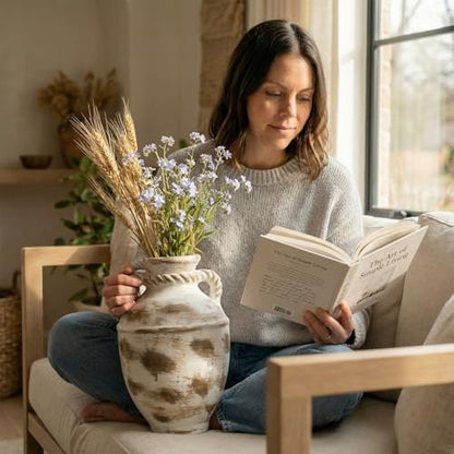 12 Inch Large Cermaic Vase, Rustic Farmhouse Flower Vase with Handmade Speckled Pottery, Brown Decorative vases for Table & Entryway Centerpiece Home Decor
