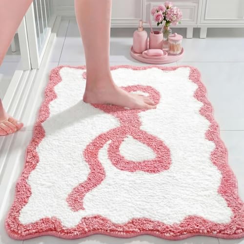 Tinideya Pink Bow Bathroom Rug 20" x 32" Scalloped Bow Bath Mat - color: Pink, size: 20" x 32" (Rectangular)