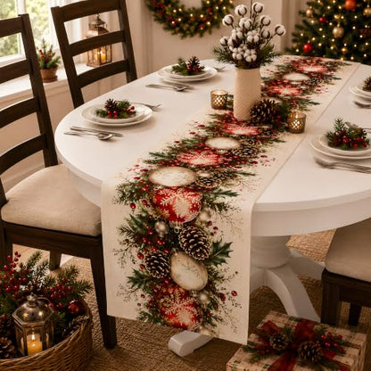 Christmas Decorations - Xmas Balls Snowflake Pine Cone Table Runner - color: Christmas Balls Snowflake