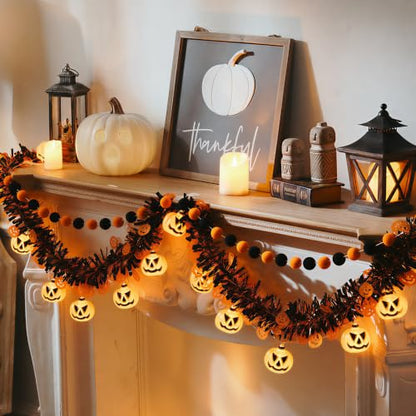 Halloween Garland with Lights, Halloween Tinsel Garland 10FT 20LED - color: Orange Black