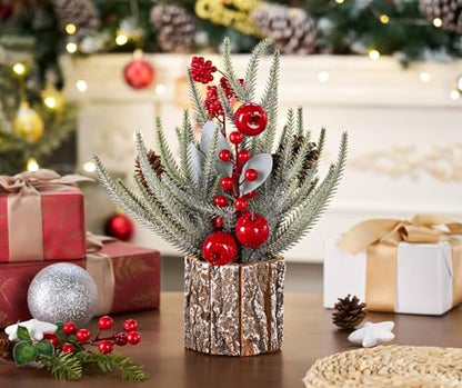 13.8" Small Christmas Tree Tabletop Christmas Centerpieces with Xmas Ornaments Pinecone Berry for Table Desk Christmas Decorations Winter Holiday Decor Indoor
