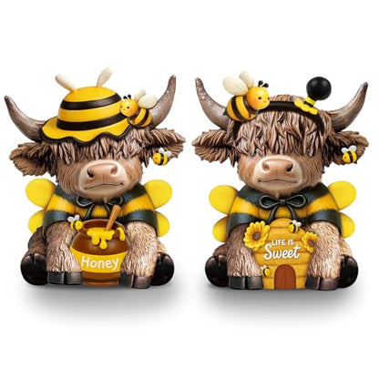 Karenhi 2 Pcs Highland Cow Figurines Resin, Bee Theme Honey Jar Decor - style: Bee