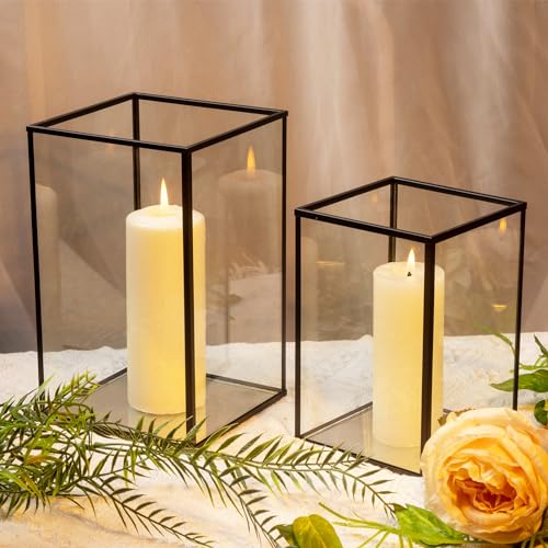Phosphor Hurricane Camdle Holder Set of 2 Pieces, Black Glass Candle Holder for Wedding, Party, Holiday. - color: Black