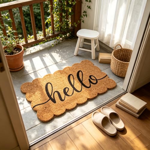 Whaline Scalloped Natural Coir Welcome Doormat, Hello, 16.5 x 29.1 Inch