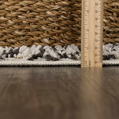 Hauteloom Berber Shag Collection - Fishhook Farmhouse Living Room Bedroom Area Rug with Tassel - Fluffy Plush High Pile Carpet - Southwestern Bohemian Tribal Style - Beige, Black - 5'3" x 7'3" - color: Light Brown, Black, White / Fishhook Fishh, size: 5'3