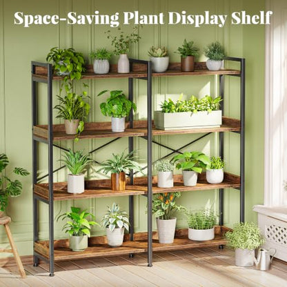 Huuger 4 Tier Bookshelf with 8 Open Shelves and Raised Baffle, Rustic Brown - color: Rustic Brown, size: 4 Tier