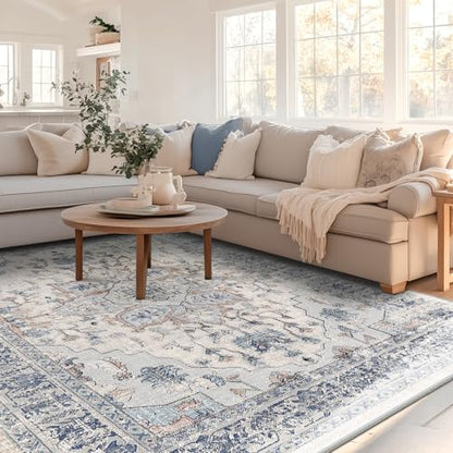 BESTSWEETIE Washable Boho 8x10 Area Rug, No Pile, Living Room, Beige Blue - color: Beige/Blue, size: 10' x 8' (Rectangular)