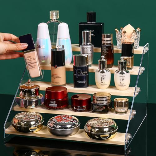 5 Tier Acrylic Wooden Display Stand, Clear Acrylic Display Riser Shelf Wood Tiered Display Shelf Rack Step Ladder Riser Stands for Cupcakes Perfumes Figures Collectibles