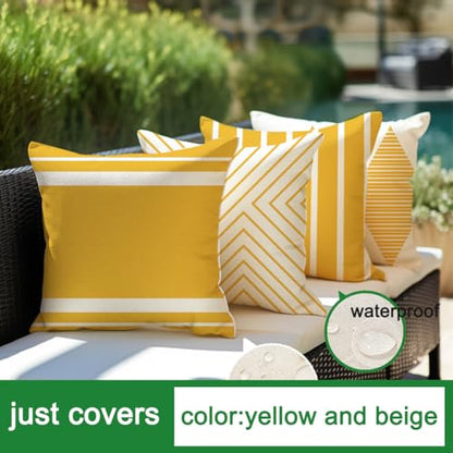 Outdoor Pillows Covers 18x18 Waterproof,Yellow and Beige Set of 4(No Insert - color: Yellow and Beige, size: 18" x 18" (Pack of 4)