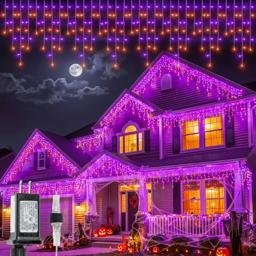 Halloween Icicle Lights Outdoor,300 LED Purple and Orange Lights - color: Orange Purple