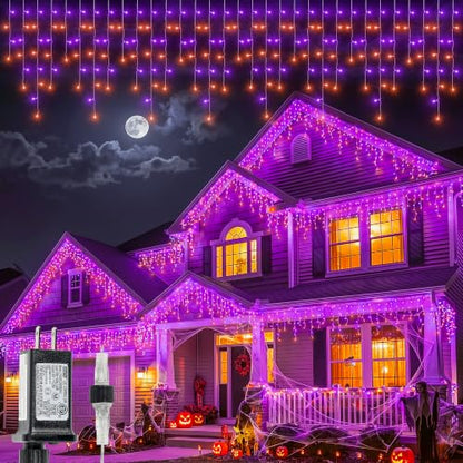 Halloween Icicle Lights Outdoor,300 LED Purple and Orange Lights - color: Orange Purple