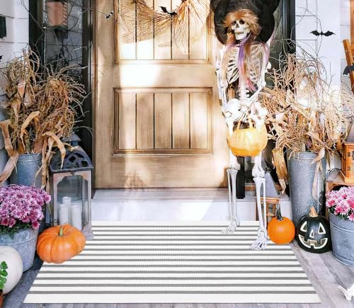 Grey and White Striped Front Door Mat 2x3ft - Washable Outdoor Rug - color: Grey Striped, size: 2' x 3' (Rectangular)