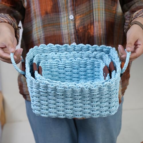 Woven Paper Rope Wicker Basket for Organizing(Set of 3,Blue) - color: Sky-Blue