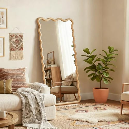 Full Length Mirror, 55”x28” Wavy Wood Floor Mirror for Wall - size: 55"L x 28"W