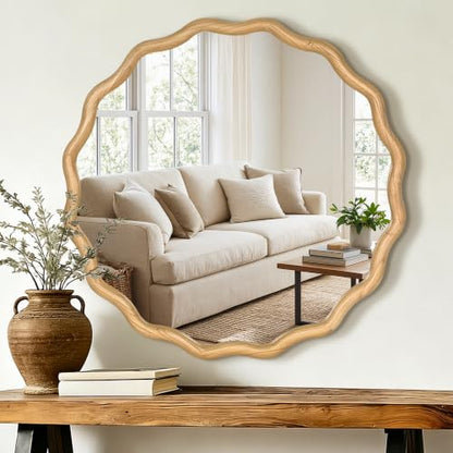 AMOISE Round Wavy Wall Mirror, 30" Circle Boho Scalloped Mirror - size: 30"L x 30"W