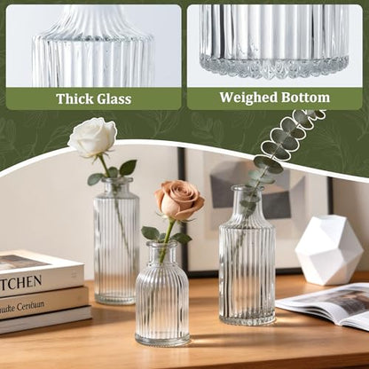 Mini Ribbed Glass Bud Vases Set of 12, Small Fluted Glass Flower Vases for Wedding Reception Centerpieces, Tabletop Decorations, Modern Home Decor