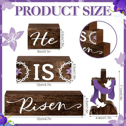 4 Pcs Easter Table Decorations He Is Risen Wooden Table Sign Religious Wood Centerpiece Easter Cross Blocks Farmhouse Tiered Tray Decor for Home Kitchen Shelf Decor (Religious) - style: Religious