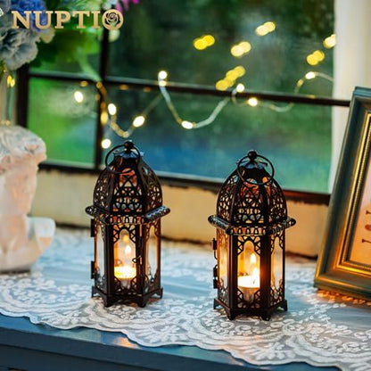 NUPTIO Moroccan Style Candle Lantern, Tealight Candle Holder with Glass - color: Black, size: 2 Pcs Small Size