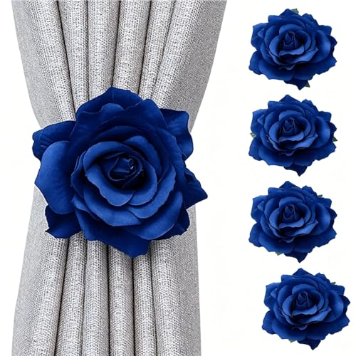 Magnetic Curtain Tiebacks, Rose Flower Tie Backs Rope for Curtains, Elegant 4 Pack Decorative Holdbacks Holders, Home Decor Thin or Sheer Window Drapries Bed Canopy (Blue) - color: Blue-4 Pack