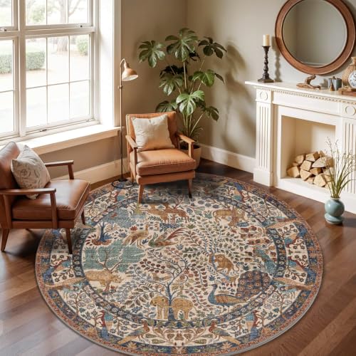 6ft Round Rug Circular Animal Print Area Rug Low Pile Indoor Rug - color: Beige, size: 6' (Round)