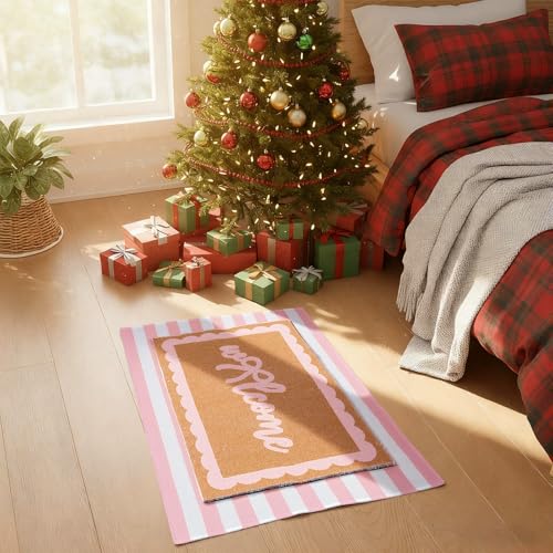 Tinideya 2 Pcs Pink Welcome Mats for Front Door Pink Stripe Layered Doormat - color: Pink