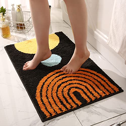 Boho Bathroom Rugs Non-Slip Abstract Bath Rugs Microfiber Cute Mat Black Washable for Tube/Washbasin/Toilet (Black-Moon, 16"X24") - color: Black-moon, size: 1'4" x 2' (Oblong)