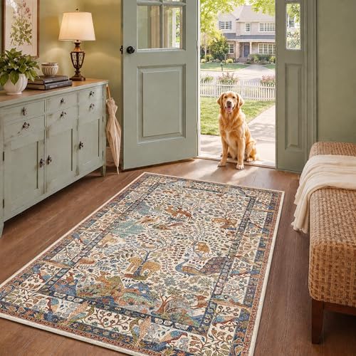 4x6 Washable Area Rug Floral Animals Print Beige Indoor Carpet - color: Beige, size: 4' x 6' (Rectangular)
