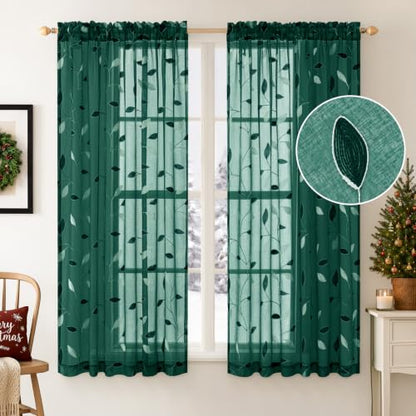 MIULEE Christmas Hunter Green Sheer Curtains Leaf Patterned, W52 x L63 - color: Hunter Green, size: 52"W x 63"L (Pack of 2)