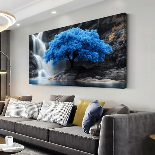 ZOMNAI Navy Blue Tree Scenery Wall Art for Living Room Office Waterfall Landscape Art Deco Black and White Scenic Painting Prints Nature Canvas Artwork Over the Couch Bedroom Decor Large - color: Navy Blue Tree Wall Art (K868), size: 46L" x 23W"
