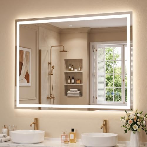 LED Bathroom Mirror 40"x30", Wall-Mounted Vanity Mirrors Front & Backlit Light Control Stepless Dimmable Anti-Fog Memory 3 Color Temperatures Shatter-Proof Tempered Glass - size: 30"L x 40"W