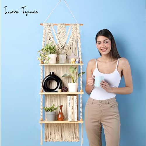 Macrame Wall Hanging Shelf 3 Tier - Boho Bedroom Decor | Macrame Wall Decor | Boho Shelf Decor, Hanging Shelves for Wall, Woven Rope Floating Wood Shelves & Storage for Small Plants - size: 3 Tier