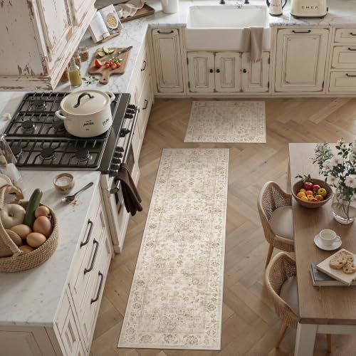 2 Piece Beige Neutral Kitchen Rug Set - color: Neutral | Beige, size: 24"x36"+30"x96"