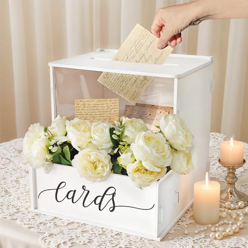 White Card Box with Slot, Wedding Card Boxes for Reception with Flower Trough, Elegant Suggestion Box for Gift Cards Envelope, Perfect for Birthday Bridal Shower Graduation Party Table Decor - style: Special