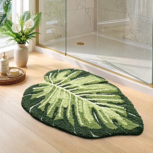 LUMI Bathroom Rug Green Leaf, Absorbent Non Slip Bath Mat, 23.5"x31.5" - color: Ample Monstera