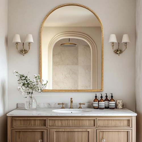 Arched Wall Mirror for Bathroom,Gold Bead Champagne Bronze Vintage Mirror - size: 36"L x 24"W