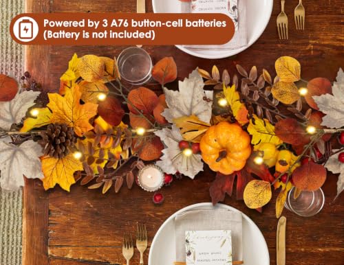6FT Fall Garland with Lights Pumpkins Pinecones for Mantle, Table, Porch - color: Brown & Gold & Gray