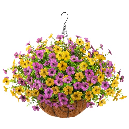 Artificial Hanging Flowers Basket for Outdoor, UV Resistant Plants Daisy - color: Purple Yellow