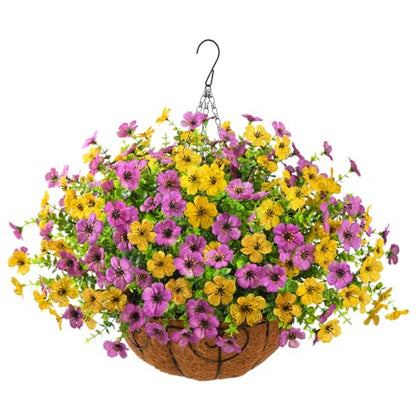 Artificial Hanging Flowers Basket for Outdoor, UV Resistant Plants Daisy - color: Purple Yellow